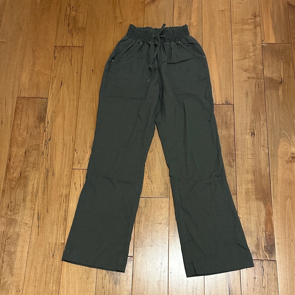 Ci Sono Olive Green Smocked Waist Wide-Leg Pants